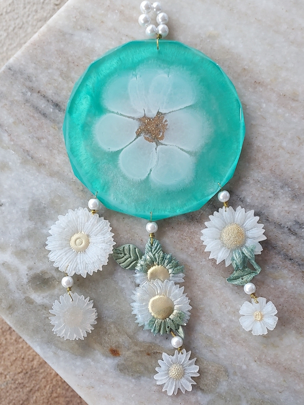 Handmade Teal Resin Flower Hanging with White Daisy Charms